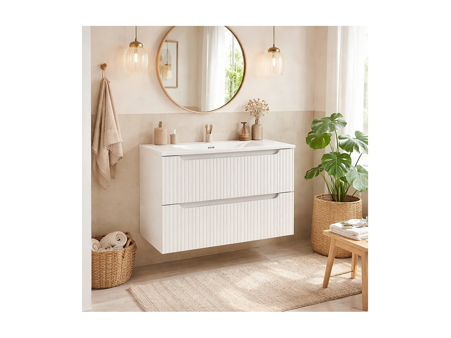 Ensemble de salle de bain suspendu VANO blanc 80cm : meuble sous vasque à tiroirs rainuré + vasque encastrée blanche