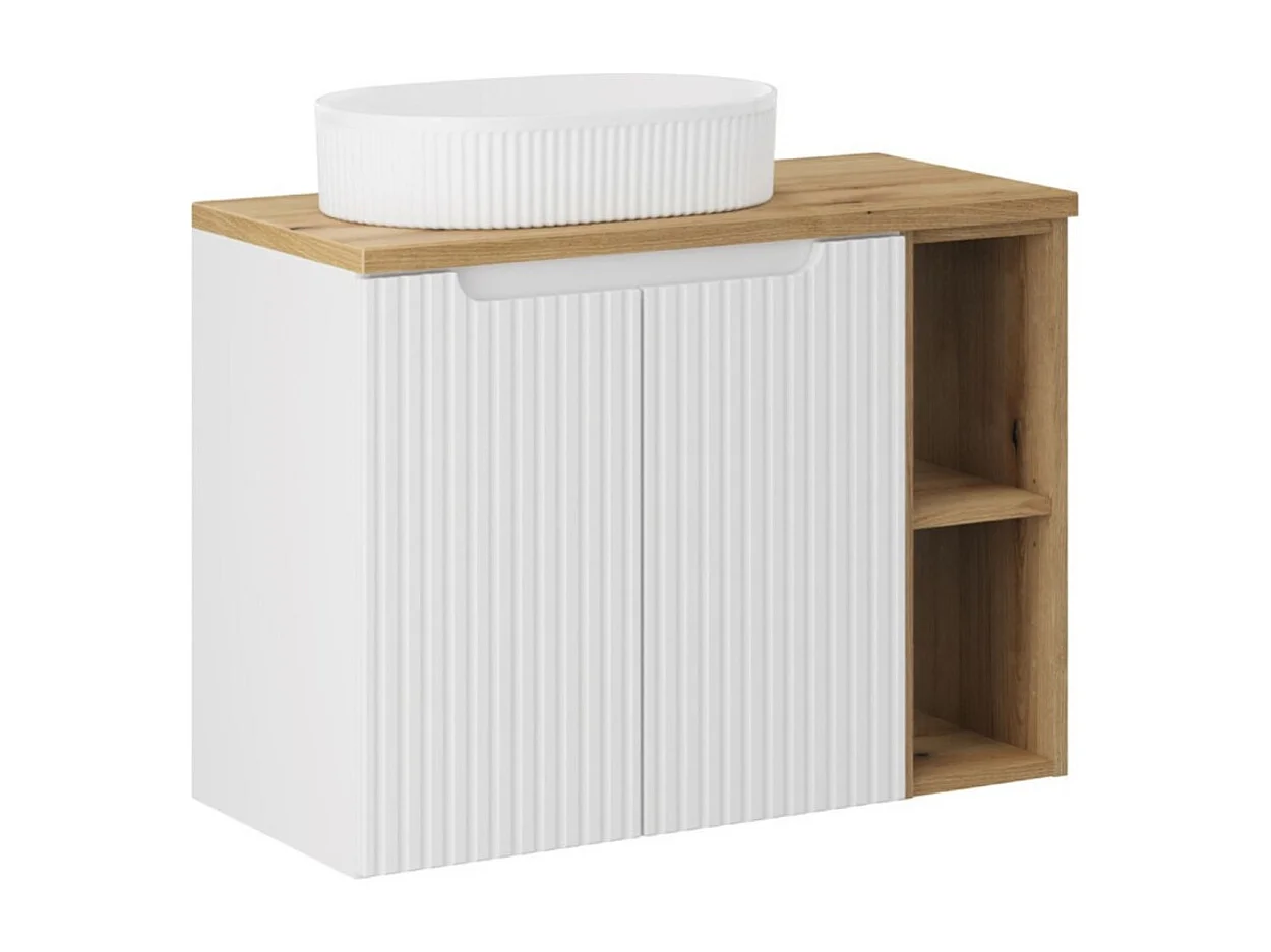 Ensemble VANO blanc 80cm : meubles sous vasque à placards avec niches visibles + plan pour vasque + vasque à poser rainurées