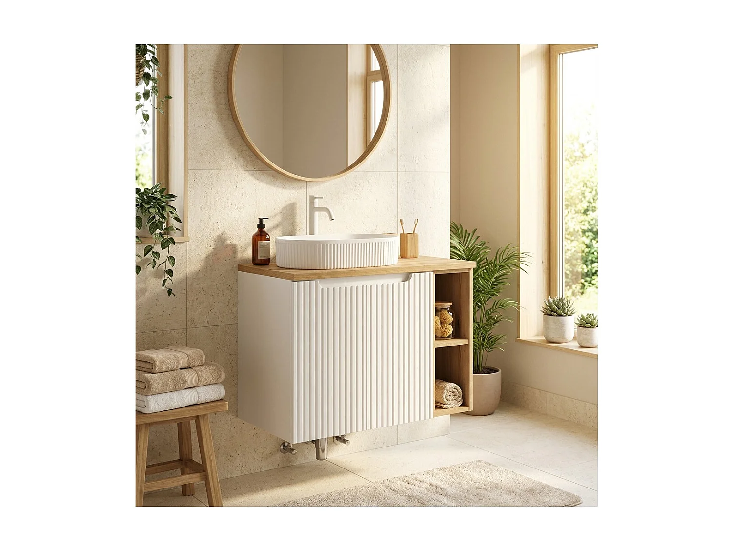 Ensemble VANO blanc 80cm : meubles sous vasque à placards avec niches visibles + plan pour vasque + vasque à poser rainurées