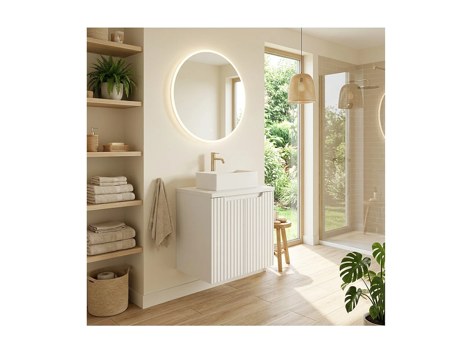 Ensemble de salle de bain VANO blanc 50cm : meuble sous vasque à placards + plan pour vasque blanc + vasque à poser rectangulair