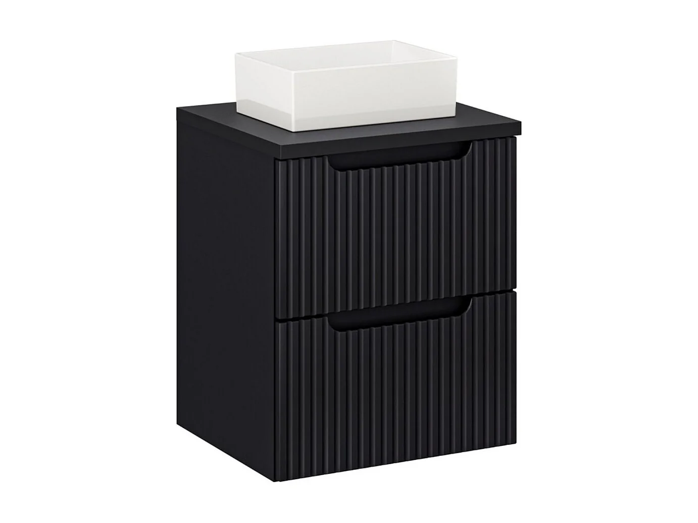 Ensemble VANO 50cm : meuble sous vasque à tiroirs + plan pour vasque noir mat + vasque à poser rectangulaire blanche