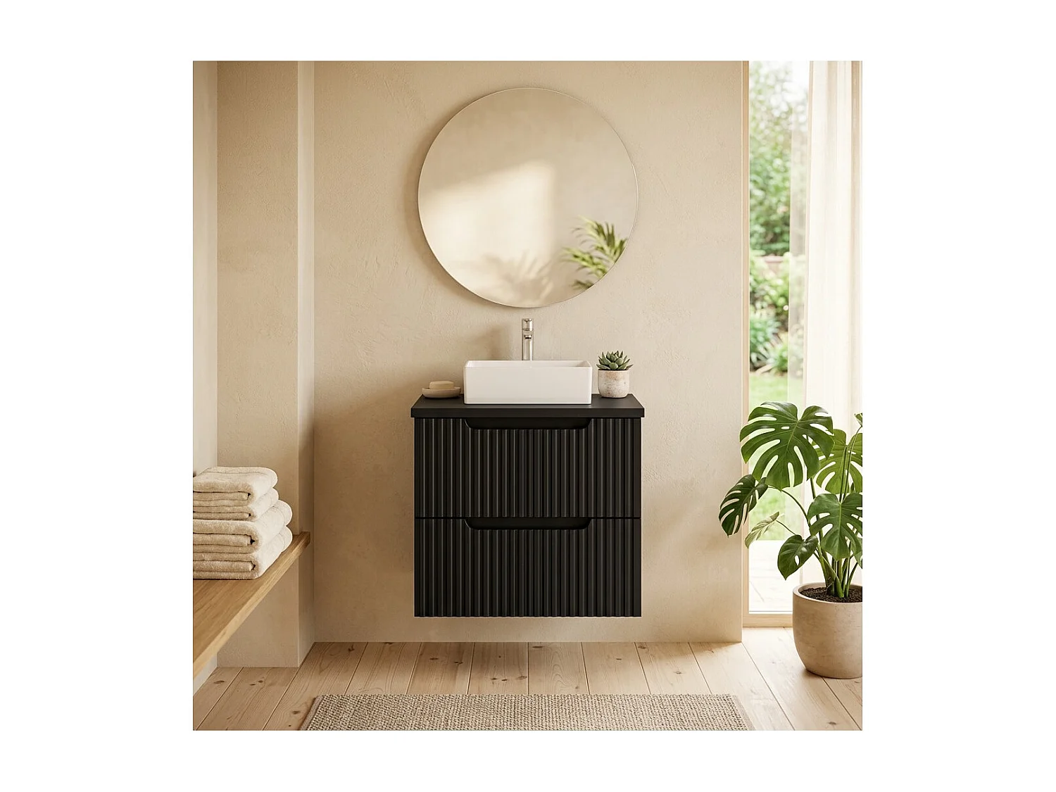 Ensemble VANO 50cm : meuble sous vasque à tiroirs + plan pour vasque noir mat + vasque à poser rectangulaire blanche