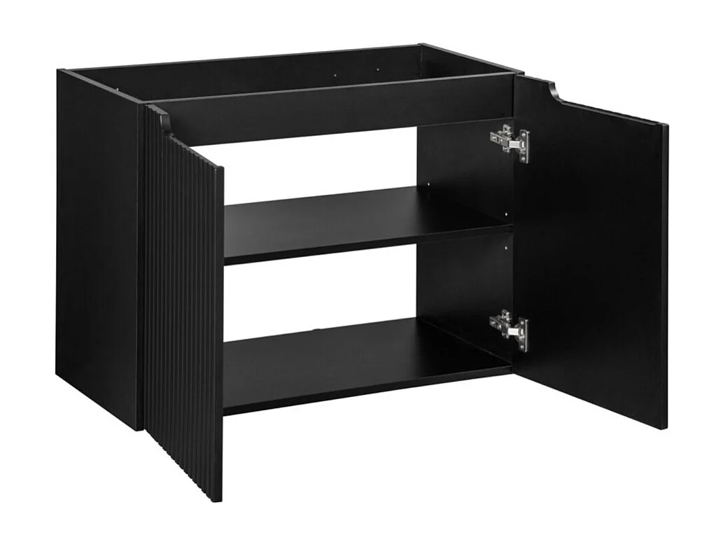 Ensemble VANO 80cm : meuble sous vasque à placards + plan pour vasque aspect chêne clair + vasque à poser rainurée noir mat