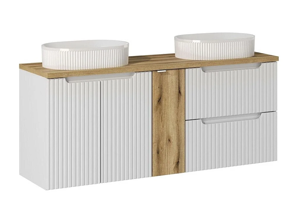 Ensemble de salle de bain VANO blanc 140cm : meubles sous vasque à tiroirs et placards + deux vasques à poser rainurées