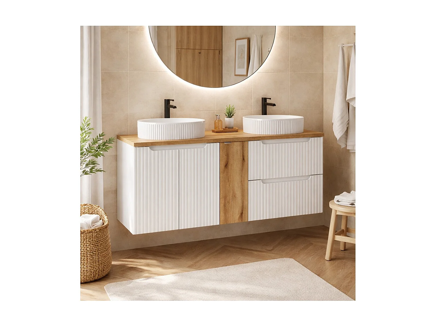 Ensemble de salle de bain VANO blanc 140cm : meubles sous vasque à tiroirs et placards + deux vasques à poser rainurées