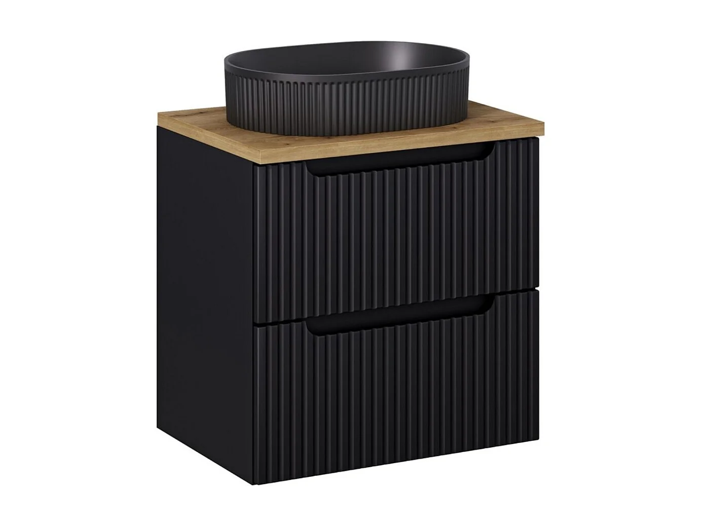 Ensemble VANO 60cm : meuble sous vasque à tiroirs + plan pour vasque aspect chêne + vasque à poser noir mat rainurée