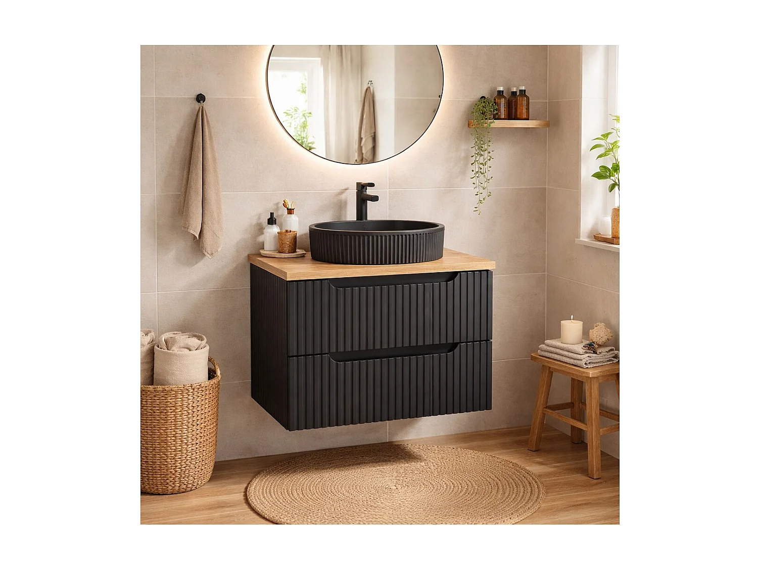 Ensemble VANO 60cm : meuble sous vasque à tiroirs + plan pour vasque aspect chêne + vasque à poser noir mat rainurée