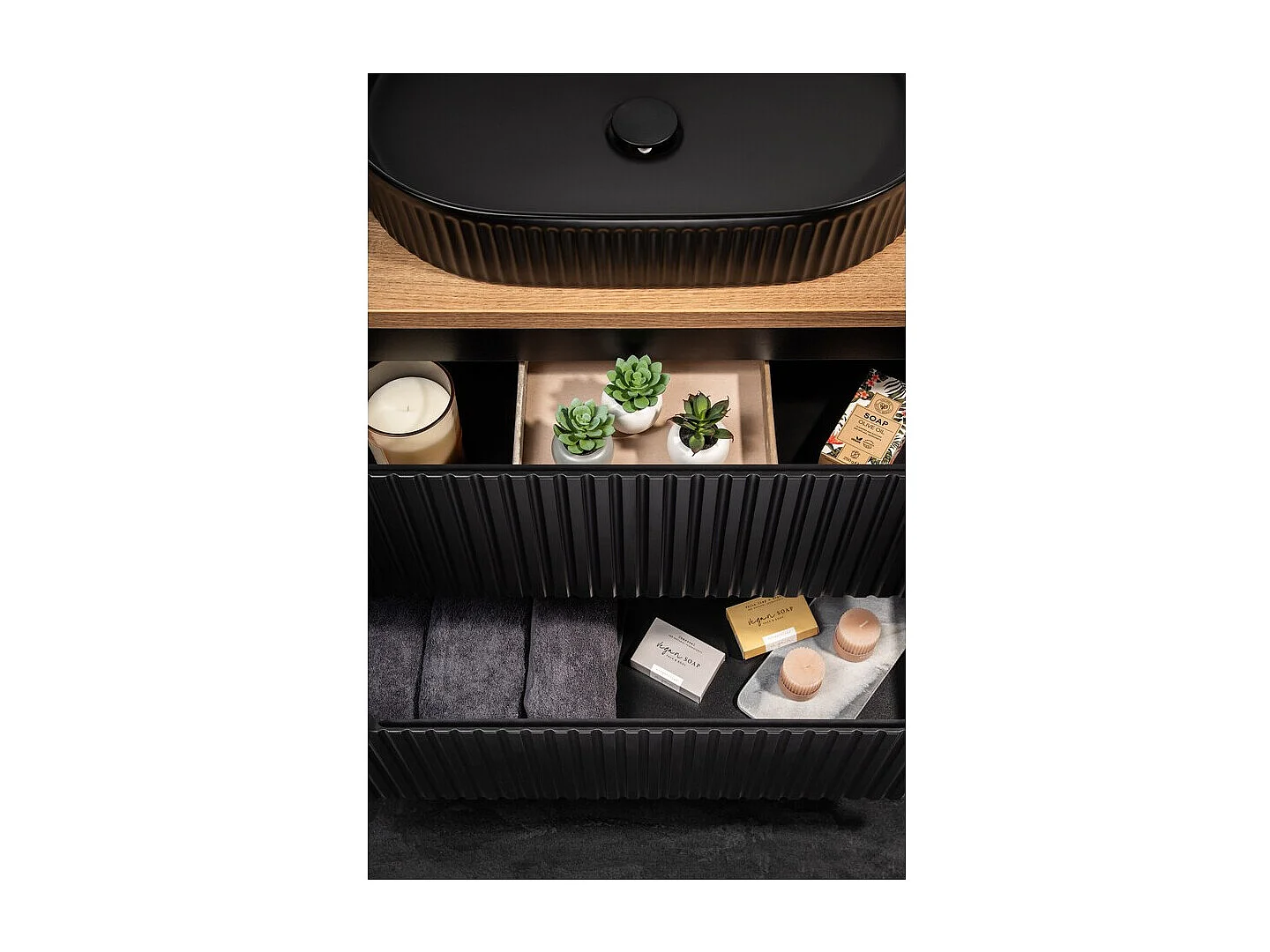 Ensemble VANO 60cm : meuble sous vasque à tiroirs + plan pour vasque aspect chêne + vasque à poser noir mat rainurée