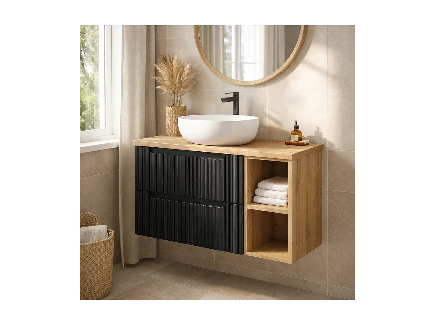 Ensemble VANO 80cm : meubles sous vasque avec niches visibles à tiroirs + plan pour vasque aspect chêne clair