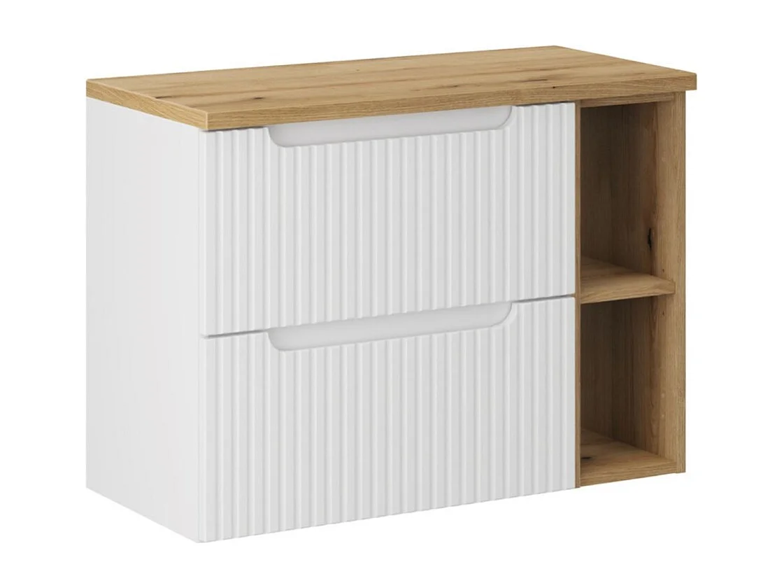 Ensemble de salle de bain VANO blanc 80cm : meubles sous vasque à tiroirs avec niches visibles + plan pour vasque aspect chêne c