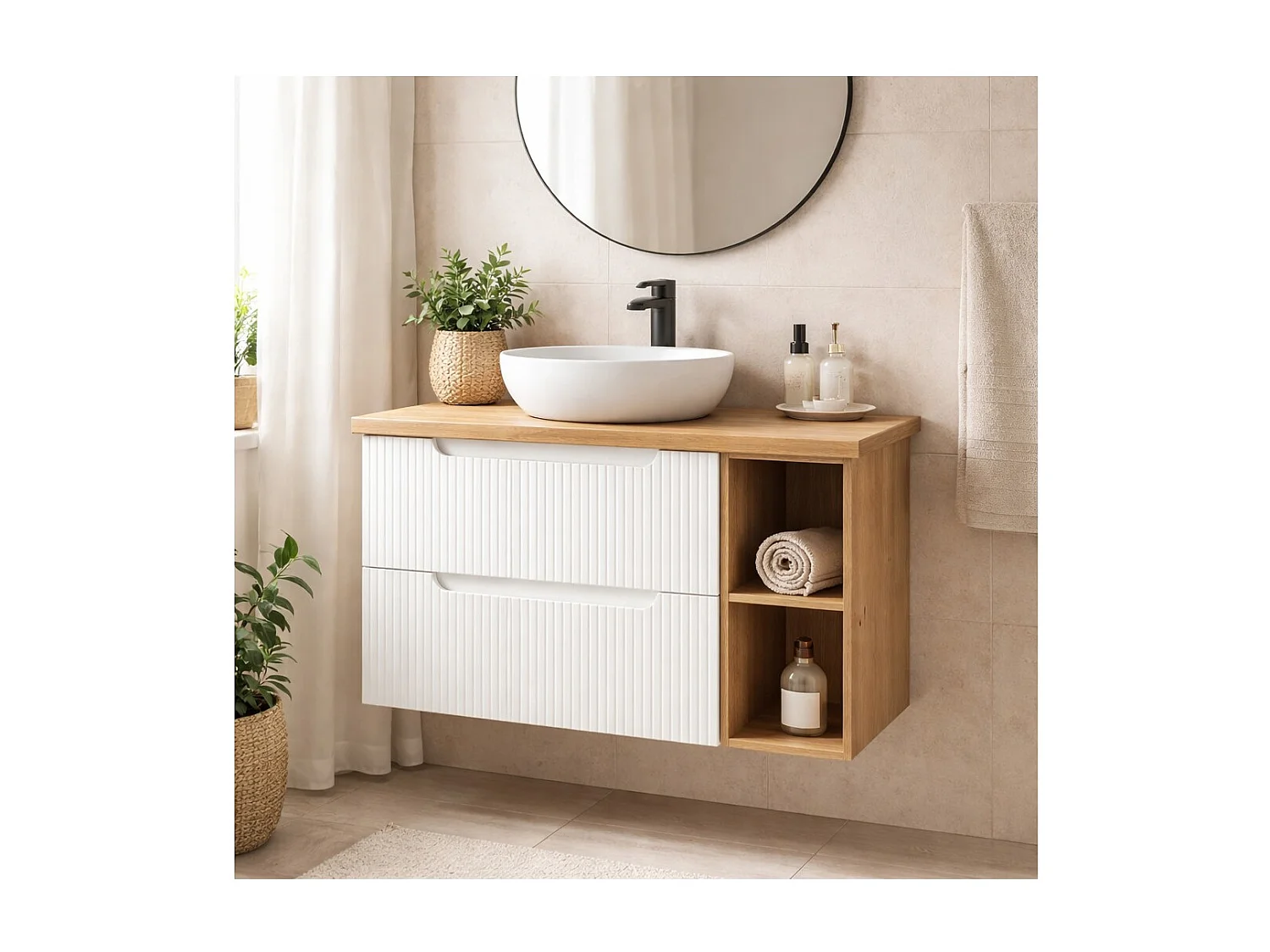 Ensemble de salle de bain VANO blanc 80cm : meubles sous vasque à tiroirs avec niches visibles + plan pour vasque aspect chêne c