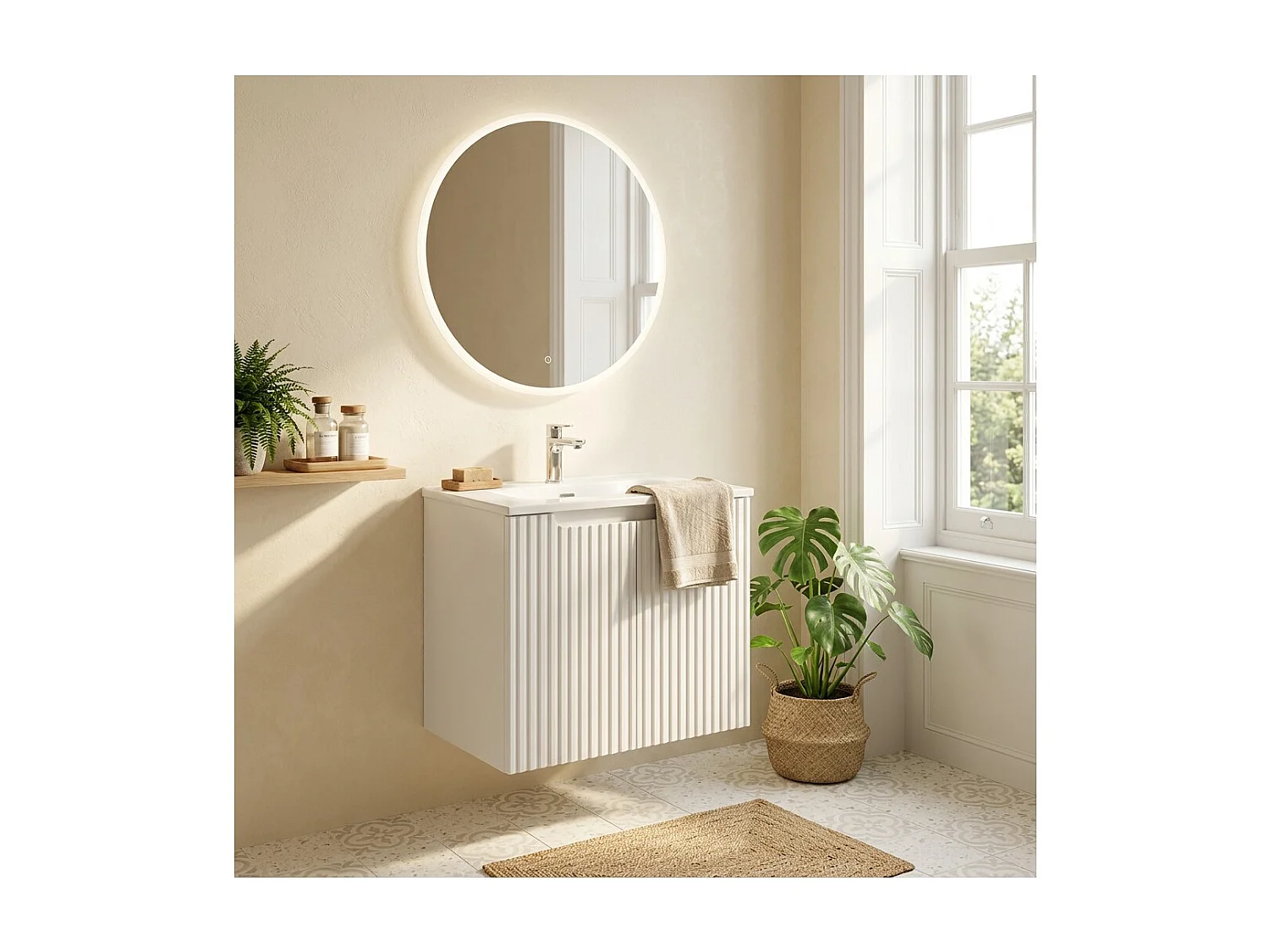 Ensemble de salle de bain suspendu VANO blanc 50cm : meuble sous vasque à placards rainuré + vasque encastrée blanche