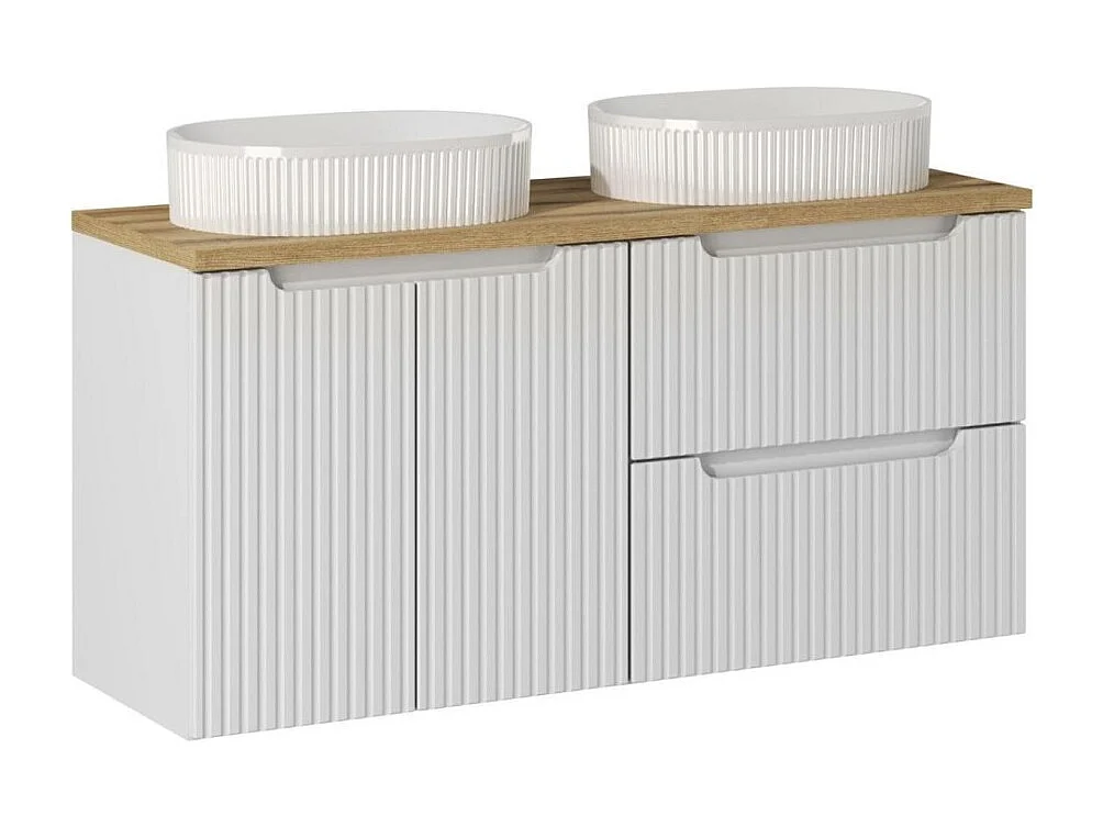 Ensemble VANO blanc 120cm : meubles sous vasque à tiroirs et placards + plan pour vasque + deux vasques à poser rainurées