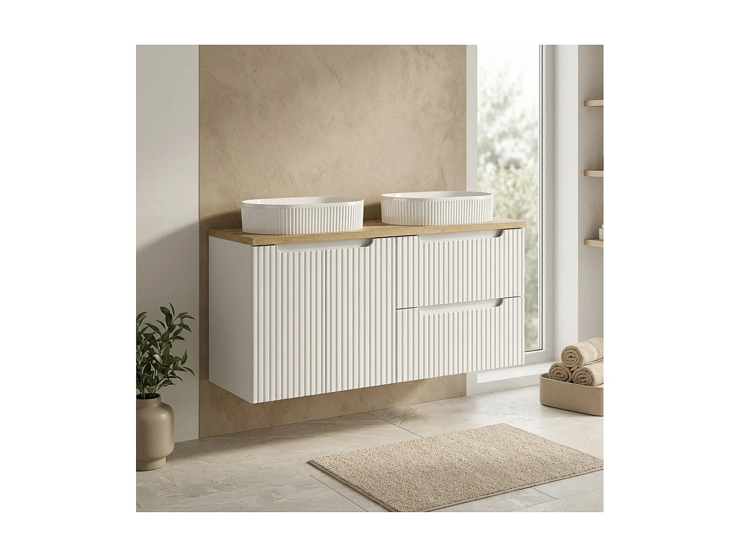 Ensemble VANO blanc 120cm : meubles sous vasque à tiroirs et placards + plan pour vasque + deux vasques à poser rainurées