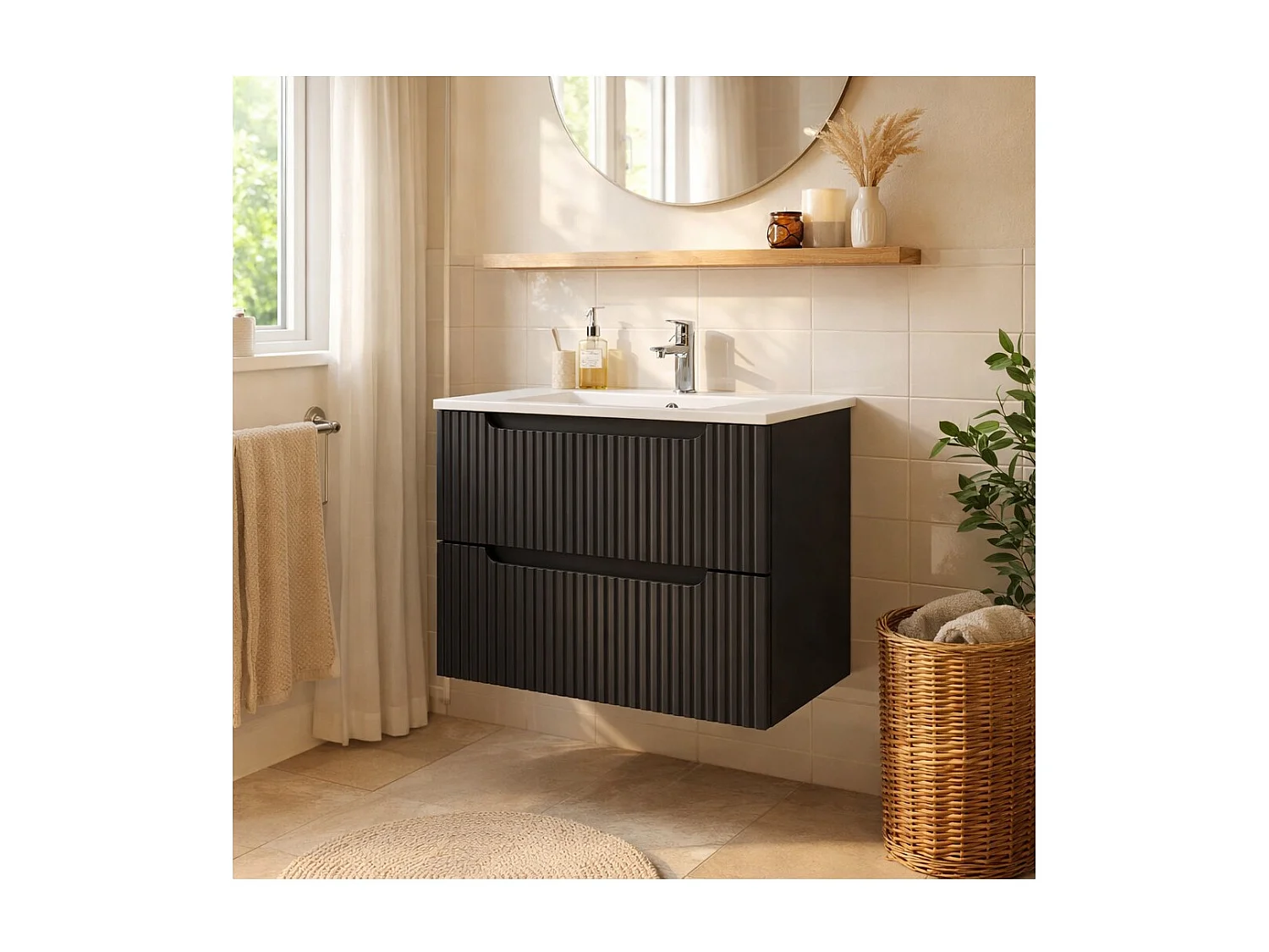 Ensemble de salle de bain VANO 60cm : meuble sous vasque à tiroirs rainuré verticalement + vasque encastrée blanche