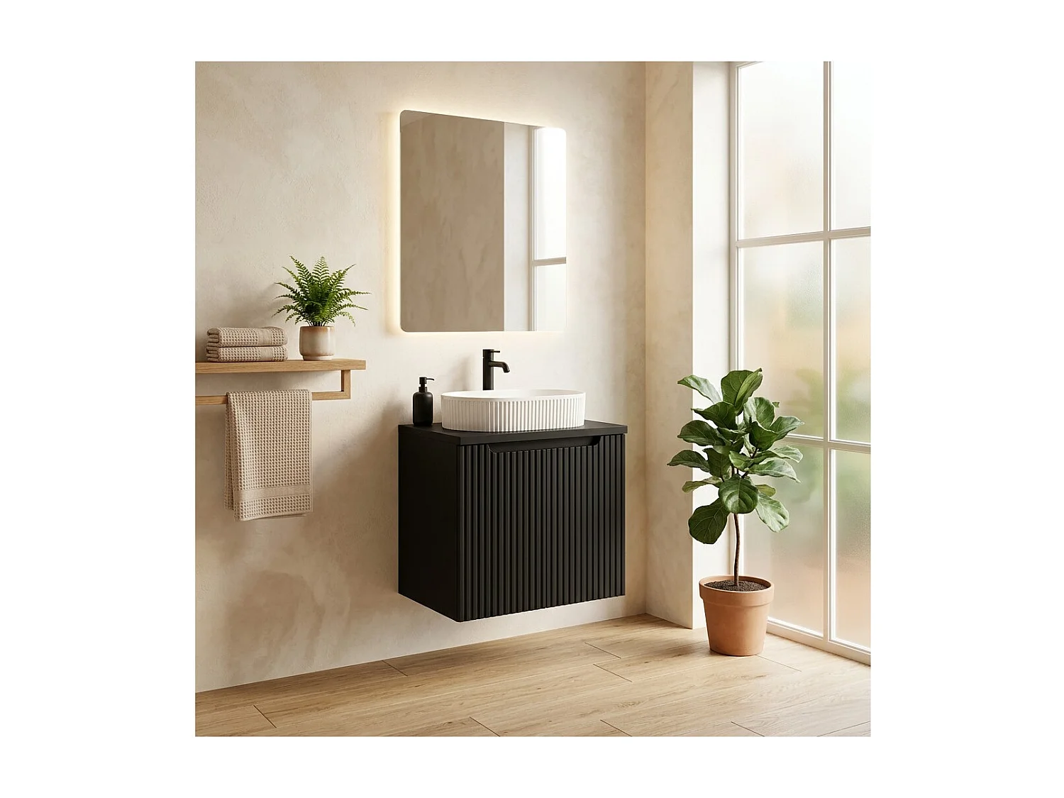 Ensemble de salle de bain suspendu VANO 60cm : meuble sous vasque à placards rainuré verticalement + plan pour vasque noir mat