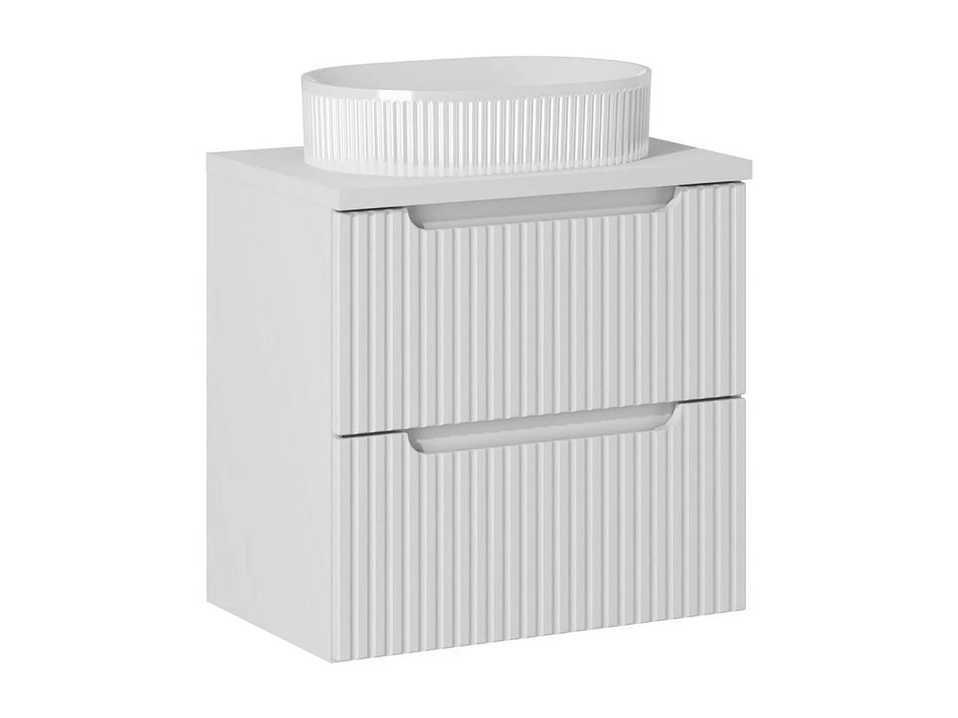 Ensemble VANO blanc 60cm : meuble sous vasque à tiroirs + plan pour vasque blanc + vasque à poser rainurée blanche