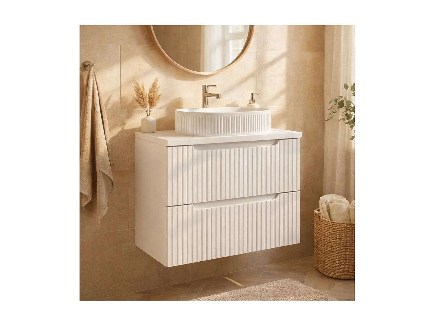 Ensemble VANO blanc 60cm : meuble sous vasque à tiroirs + plan pour vasque blanc + vasque à poser rainurée blanche