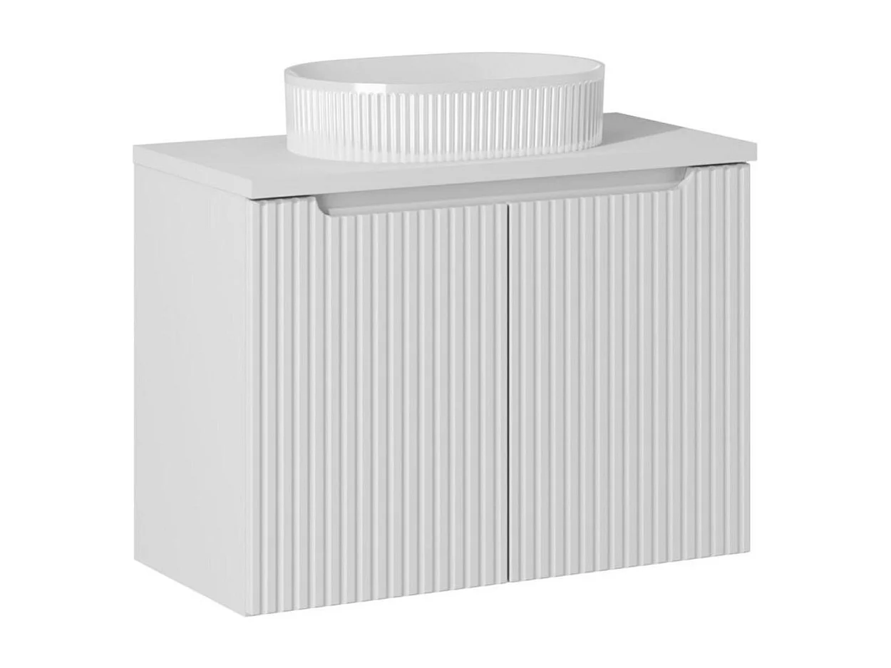 Ensemble VANO blanc 80cm : meuble sous vasque à placards + plan pour vasque blanc + vasque à poser rainurée blanche