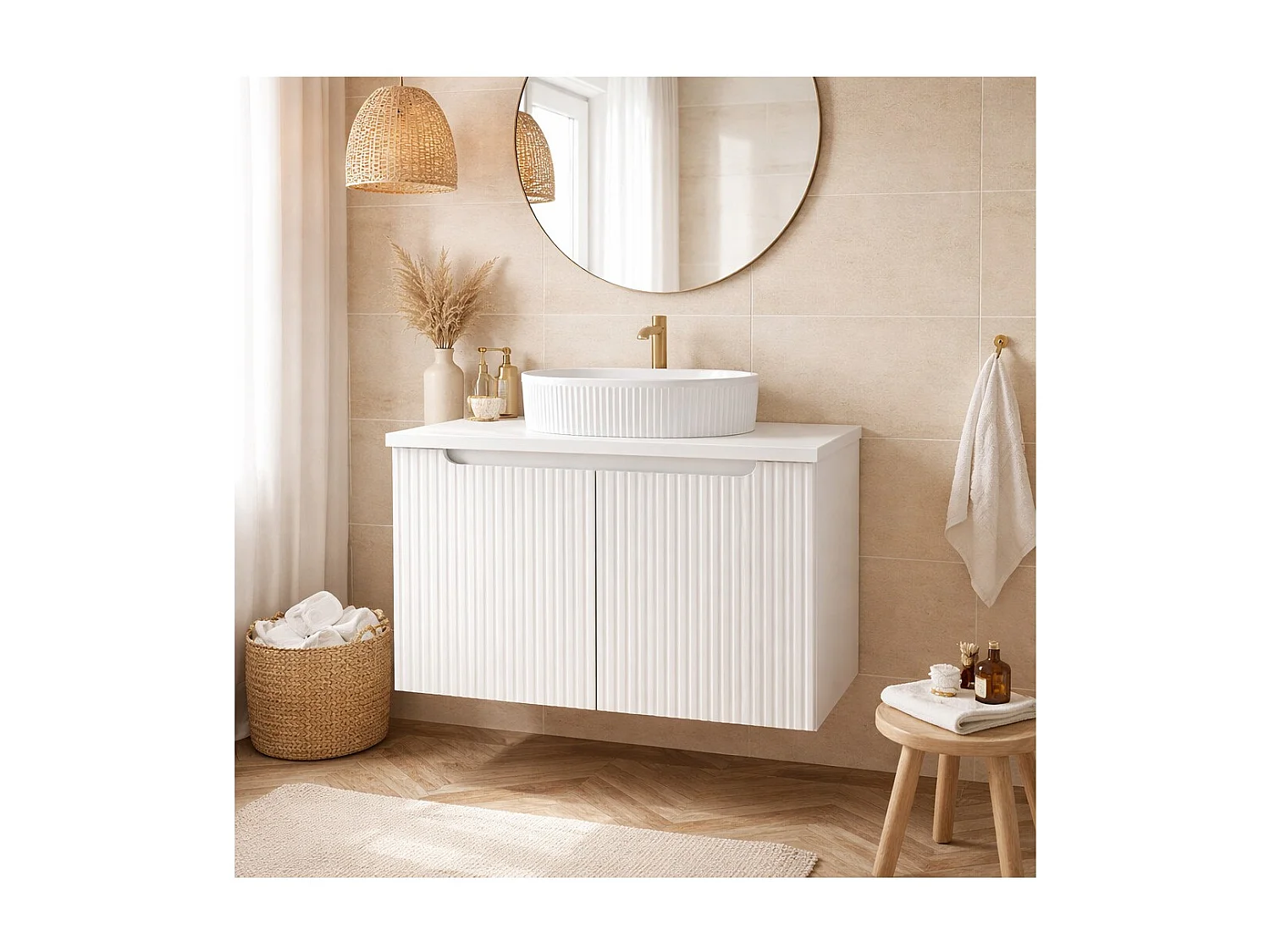 Ensemble VANO blanc 80cm : meuble sous vasque à placards + plan pour vasque blanc + vasque à poser rainurée blanche