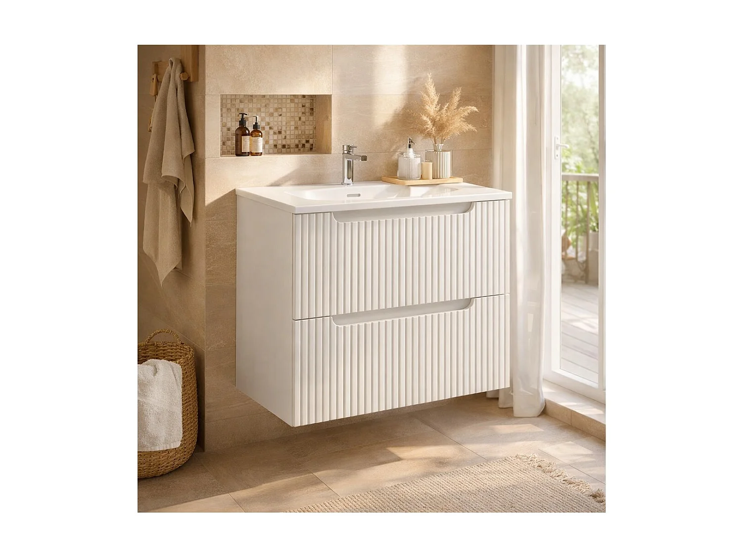 Ensemble de salle de bain suspendu VANO blanc 60cm : meuble sous vasque à tiroirs rainuré + vasque encastrée blanche