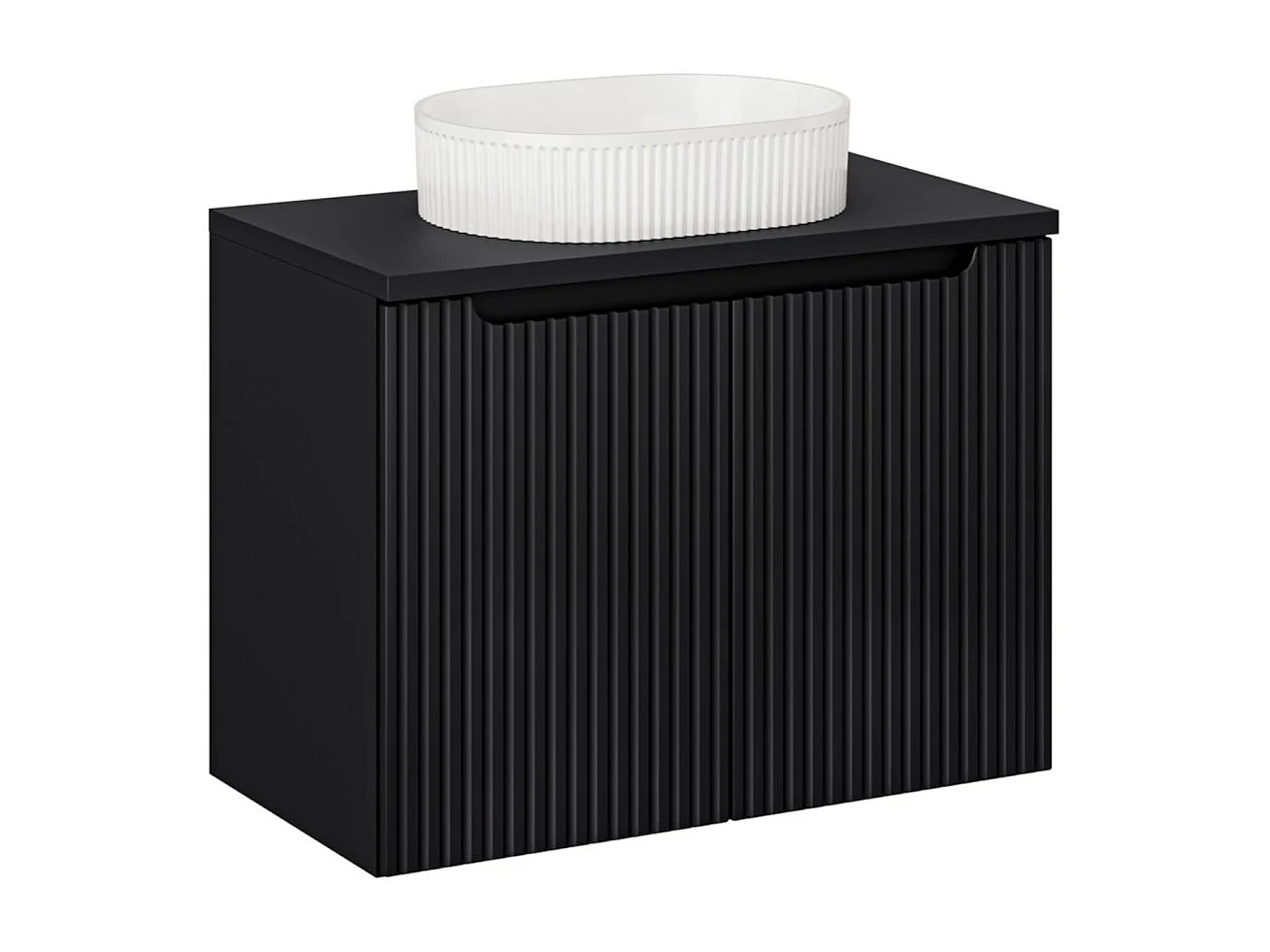 Ensemble VANO 80cm : meuble sous vasque à placards + plan pour vasque noir mat + vasque à poser rainurée blanche