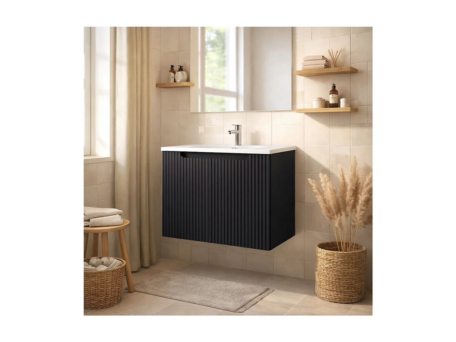 Ensemble de salle de bain VANO 80cm : meuble sous vasque à placards rainuré verticalement + vasque encastrée blanche