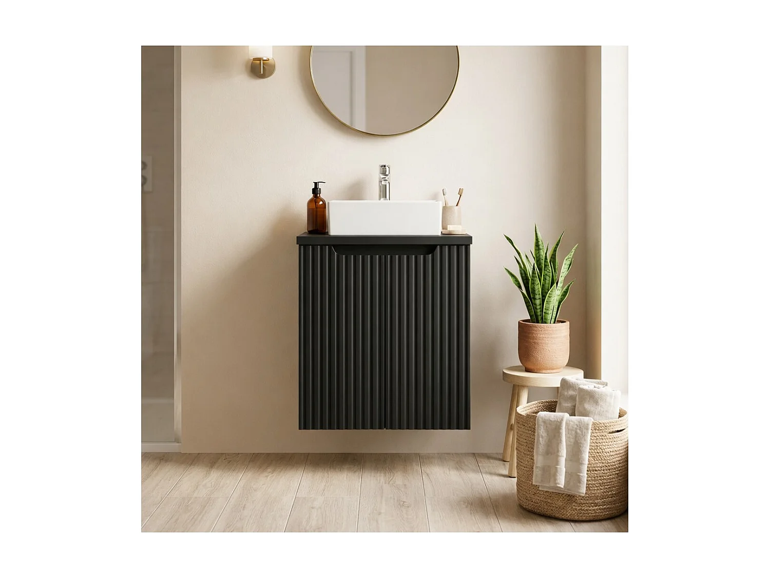 Ensemble VANO 50cm : meuble sous vasque à placards + plan pour vasque noir mat + vasque à poser rectangulaire blanche