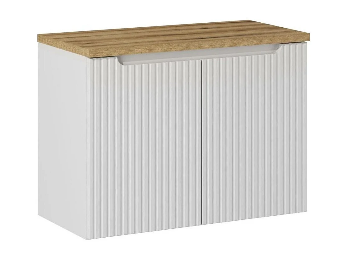 Ensemble de salle de bain VANO blanc 80cm : meuble sous vasque à placards rainuré + plan pour vasque aspect chêne clair