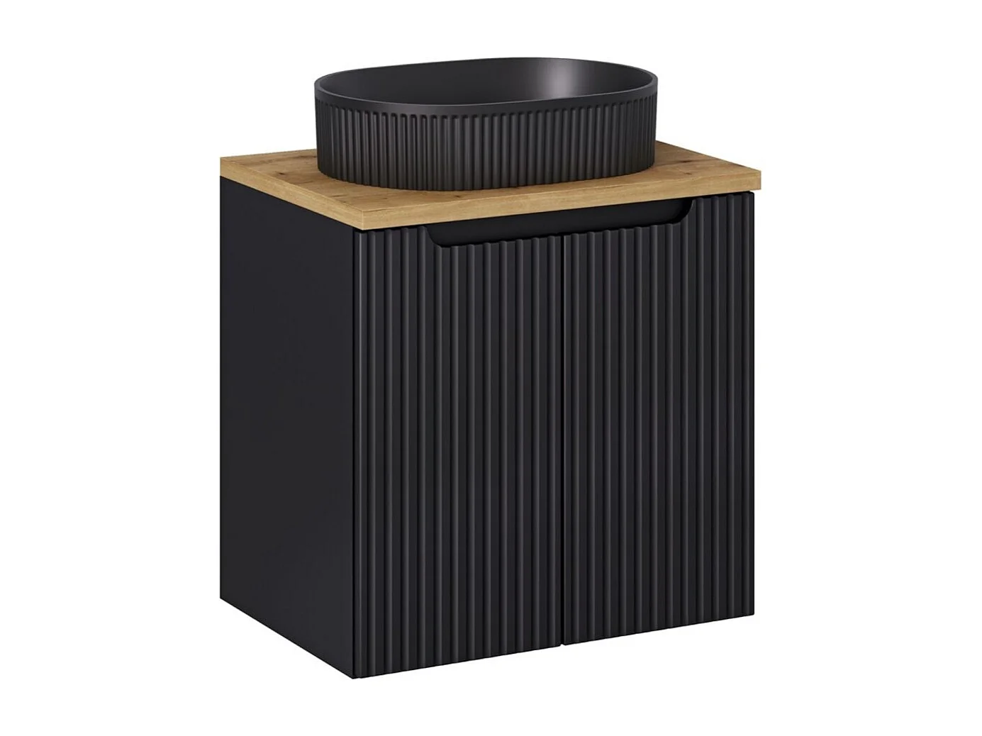 Ensemble VANO 60cm : meuble sous vasque à placards + plan pour vasque aspect chêne + vasque à poser noir mat rainurée