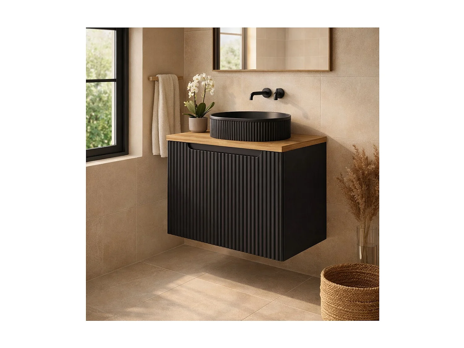 Ensemble VANO 60cm : meuble sous vasque à placards + plan pour vasque aspect chêne + vasque à poser noir mat rainurée