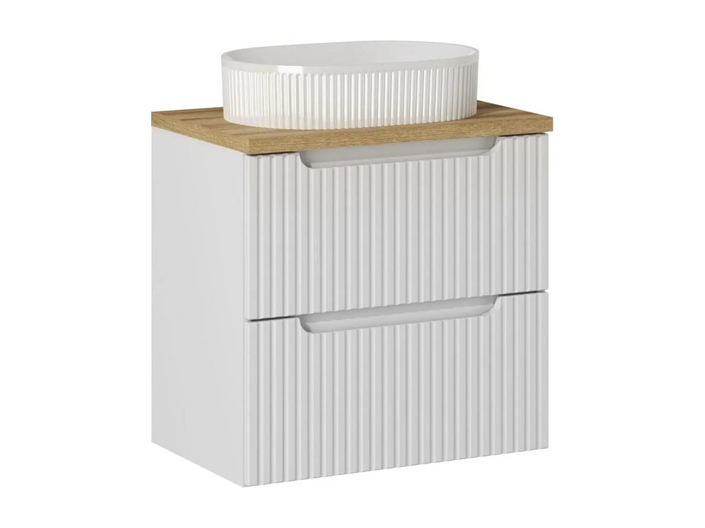 Ensemble VANO blanc 60cm : meuble sous vasque à tiroirs + plan pour vasque aspect chêne clair + vasque à poser rainurée blanche