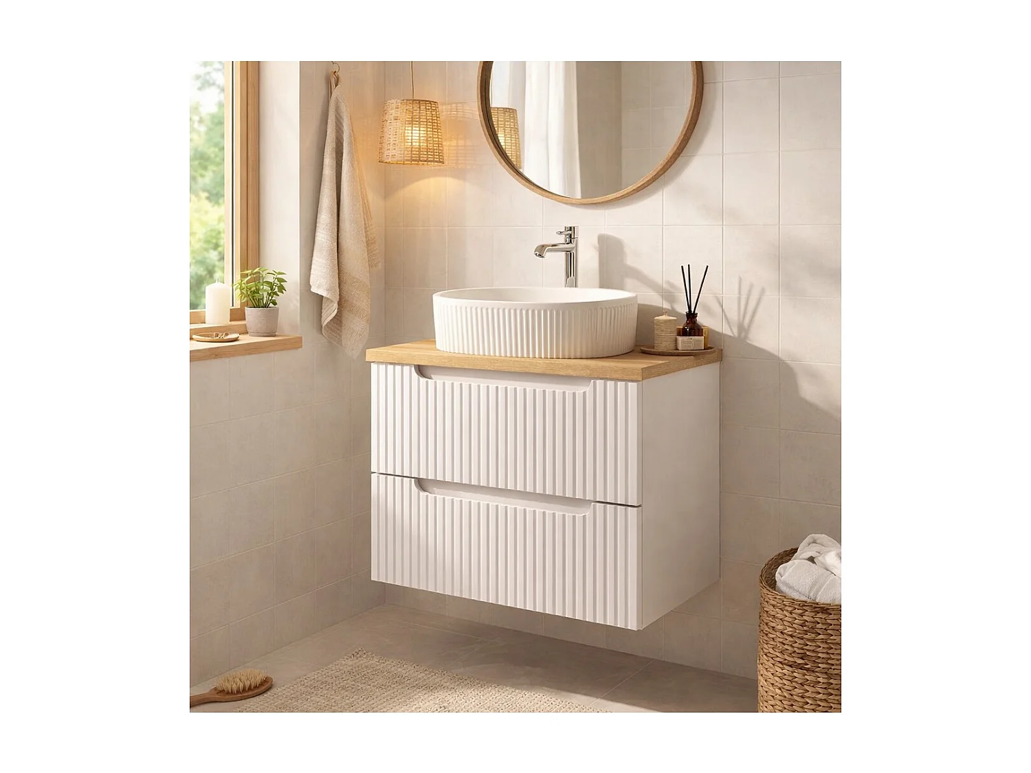 Ensemble VANO blanc 60cm : meuble sous vasque à tiroirs + plan pour vasque aspect chêne clair + vasque à poser rainurée blanche