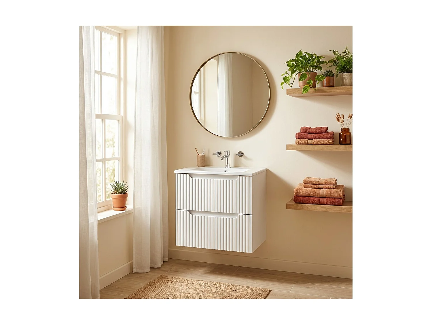 Ensemble de salle de bain suspendu VANO blanc 50cm : meuble sous vasque à tiroirs rainuré + vasque encastrée blanche