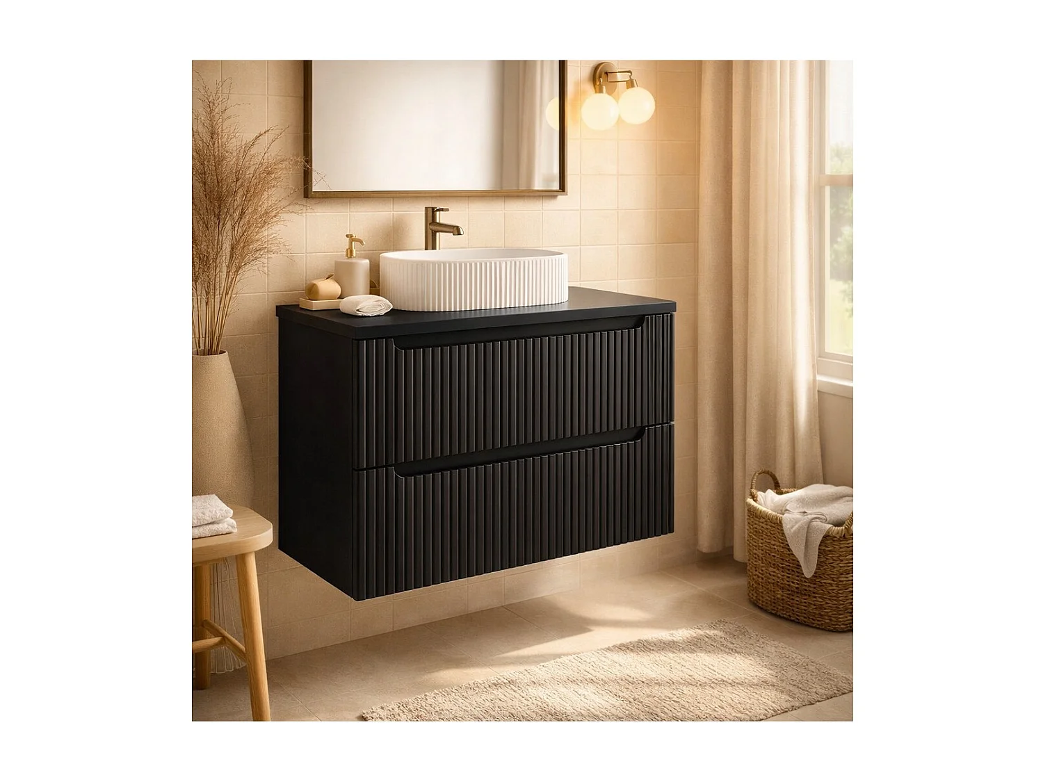 Ensemble de salle de bain suspendu VANO 80cm : meuble sous vasque à tiroirs rainuré noir mat + plan pour vasque noir mat