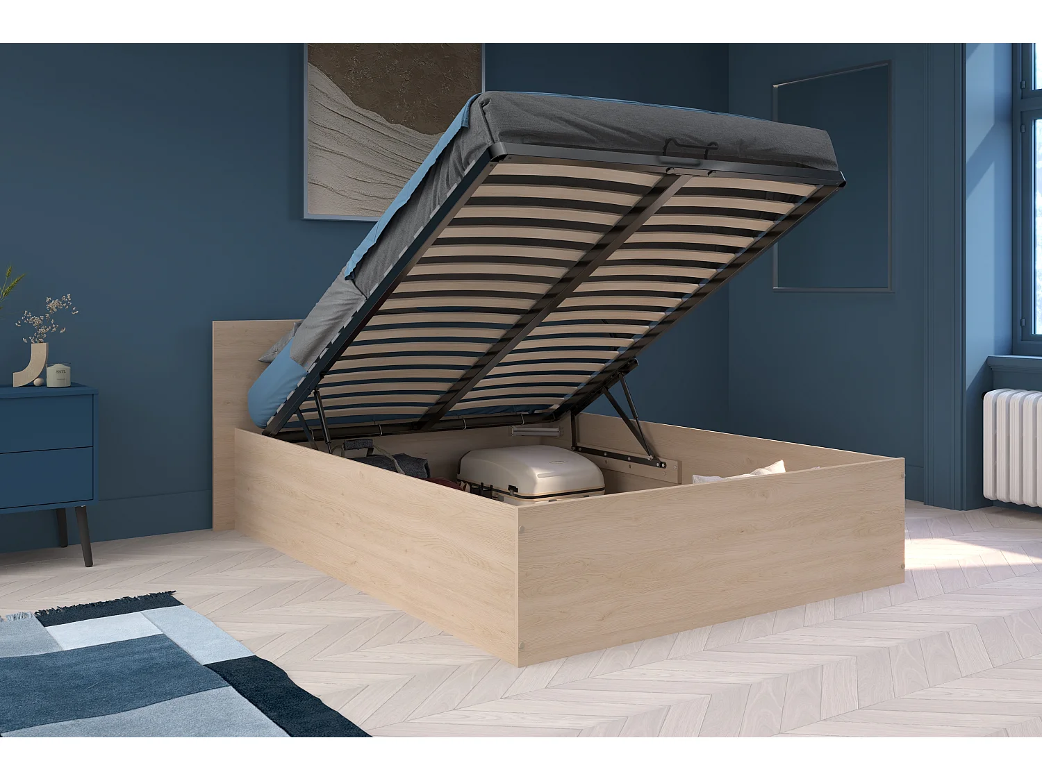 Lit coffre 140 x 190 cm - Coloris : Naturel + Matelas - VELONA