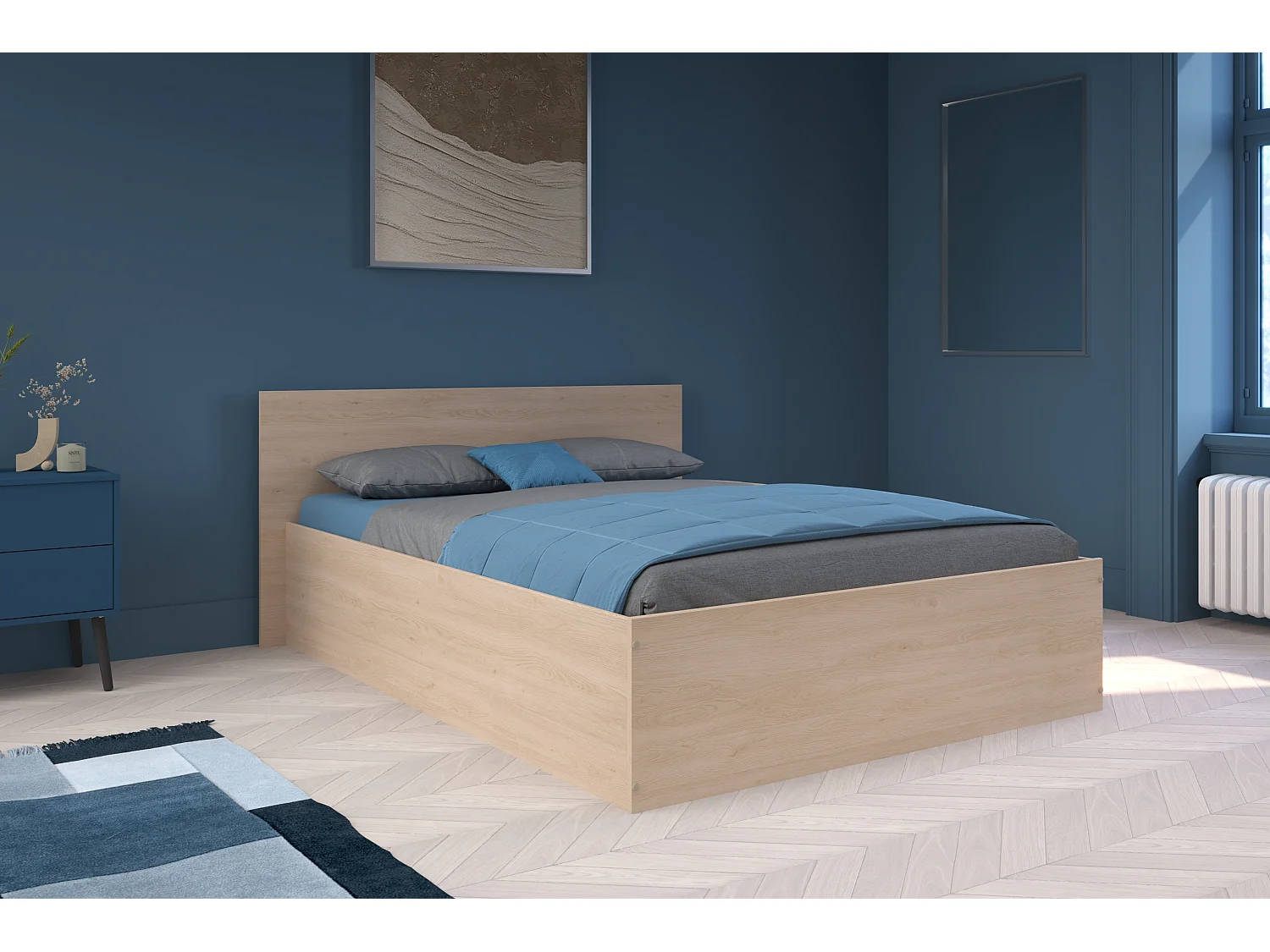 Lit coffre 140 x 190 cm - Coloris : Naturel + Matelas - VELONA