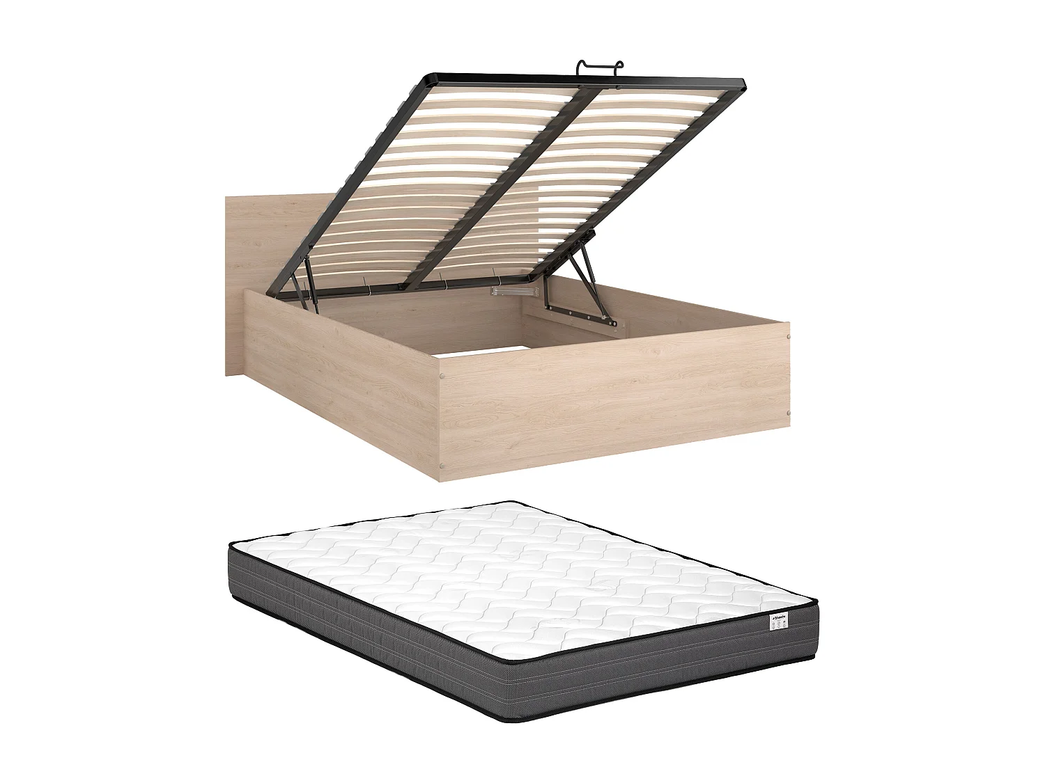 Lit coffre 140 x 190 cm - Coloris : Naturel + Matelas - VELONA