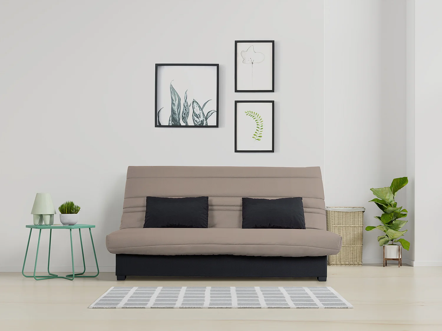 Banquette Clic-Clac 120x190 cm Tissu Taupe MELISSA avec Matelas Mousse Polyéther et Coussins Confort