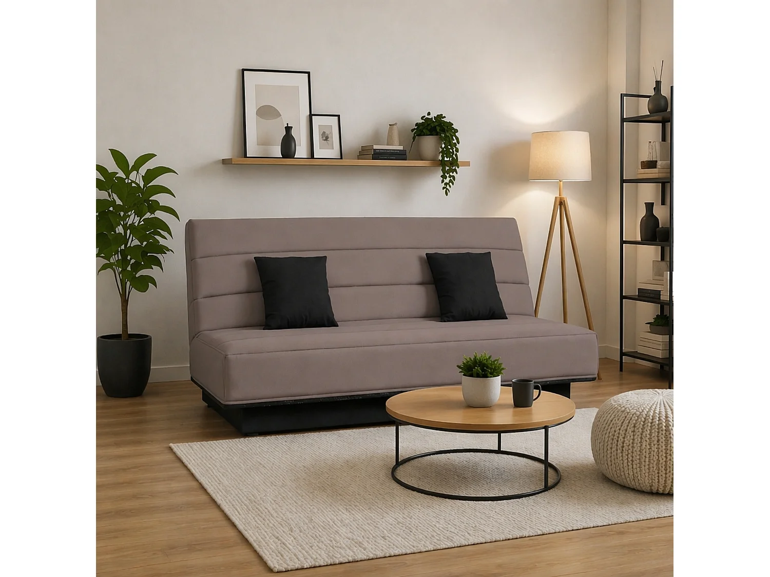 Banquette Clic-Clac 120x190 cm Tissu Taupe MELISSA avec Matelas Mousse Polyéther et Coussins Confort