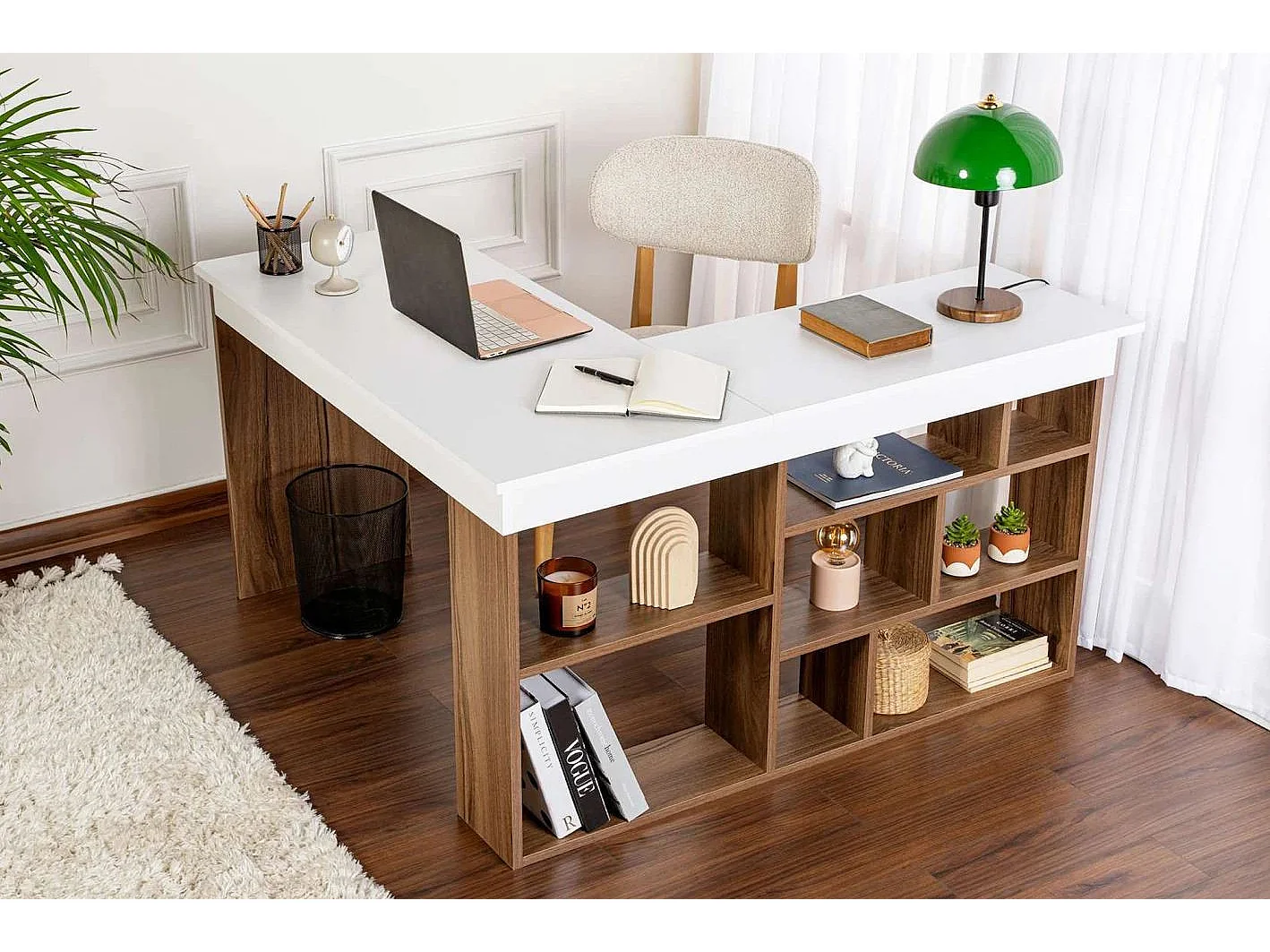 Hoekbureau van notenhout "Vesper" 130x120x72 cm met opbergruimte, modern design en melamine afwerking