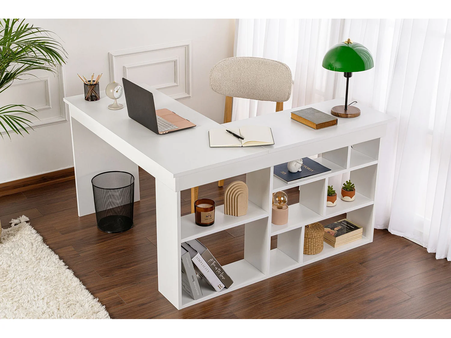 Hoekbureau van hout "Vesper" natuurlijk wit 130x120x72 cm met 5 planken - modern en functioneel design