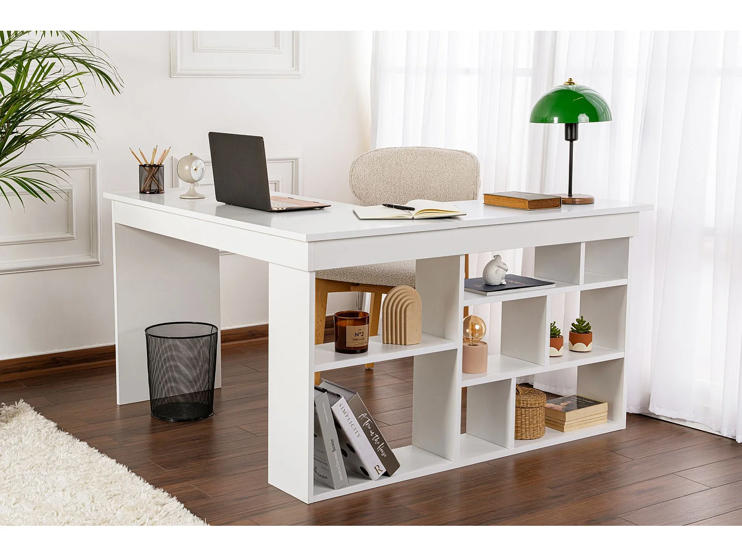 Hoekbureau van hout "Vesper" natuurlijk wit 130x120x72 cm met 5 planken - modern en functioneel design