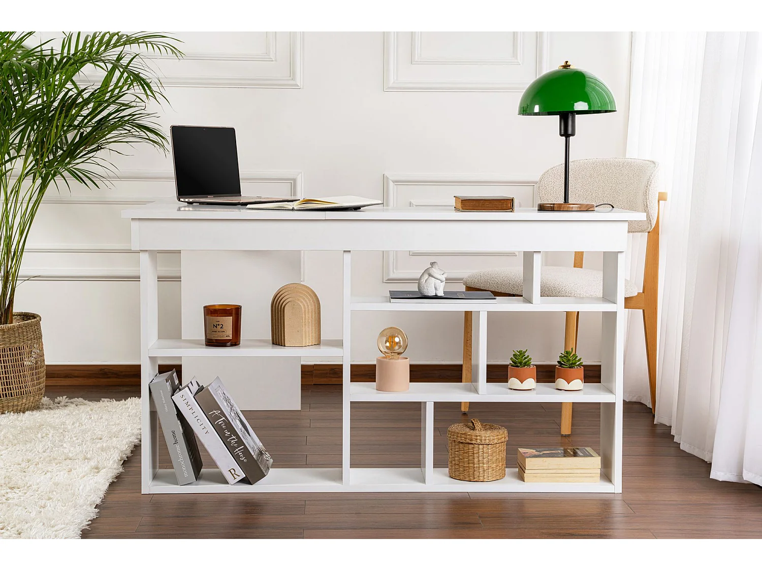 Hoekbureau van hout "Vesper" natuurlijk wit 130x120x72 cm met 5 planken - modern en functioneel design