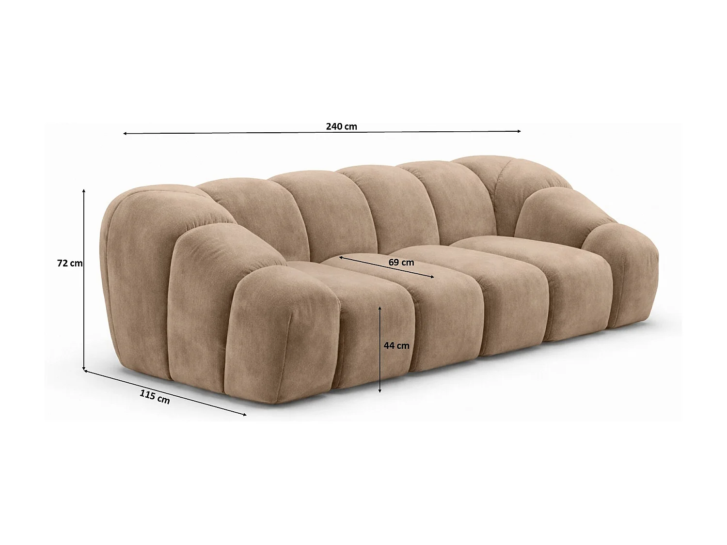 Canapé 3 places modulaire, tissu velours Bluvel, latte, CROISSANT