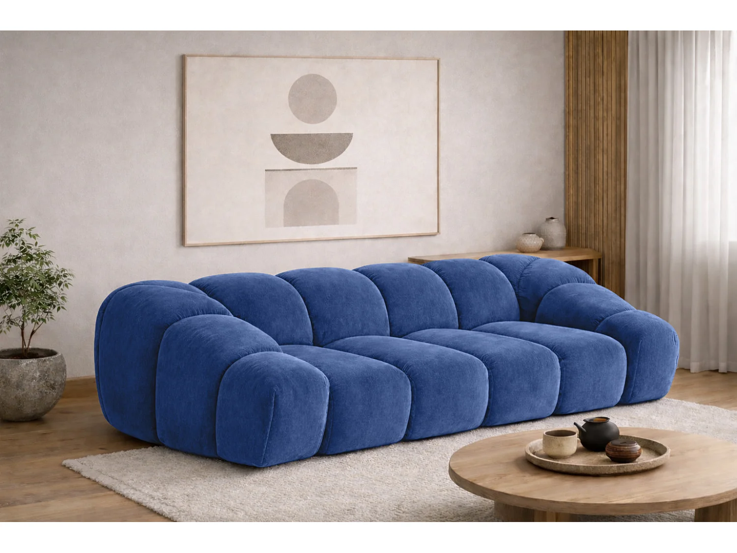 Canapé 3 places modulaire, tissu velours Bluvel, bleu encre, CROISSANT