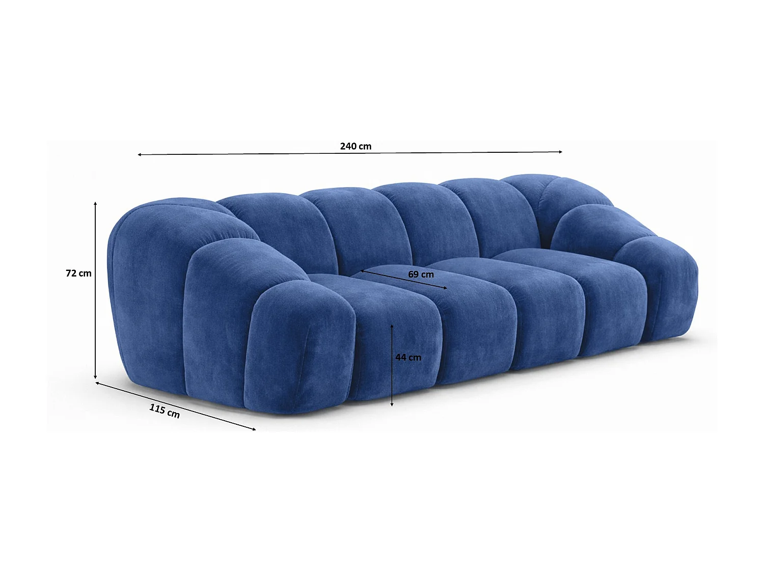 Canapé 3 places modulaire, tissu velours Bluvel, bleu encre, CROISSANT