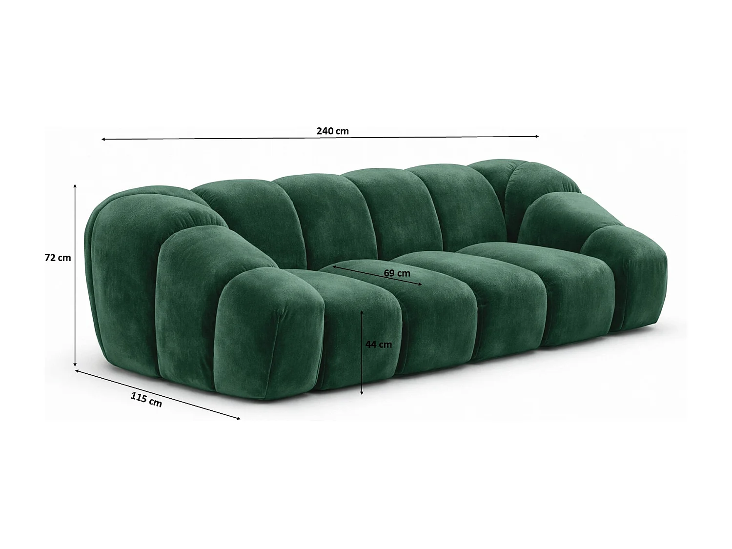 Canapé 3 places modulaire, tissu velours Bluvel, vert, CROISSANT