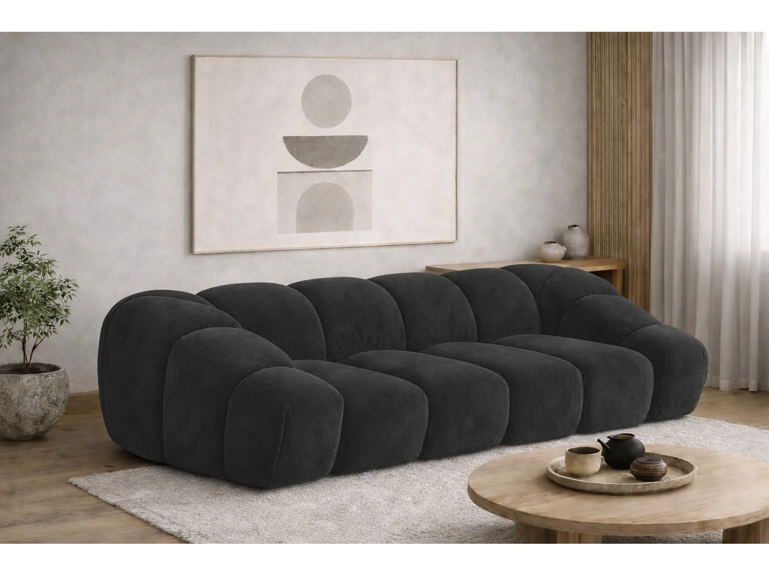 Canapé 3 places modulaire, tissu velours Bluvel, noir, CROISSANT