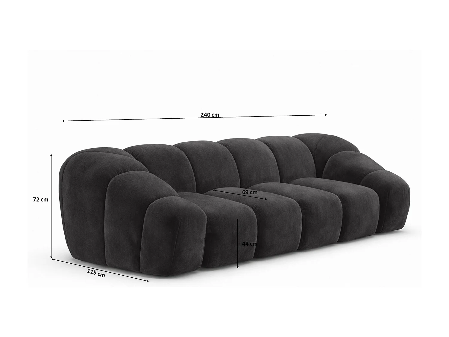 Canapé 3 places modulaire, tissu velours Bluvel, noir, CROISSANT